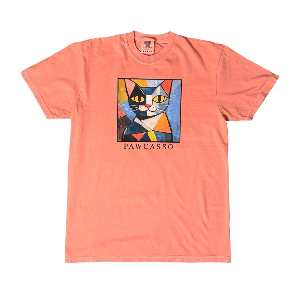 Comfort Colors Abstract Cat Graphic T-Shirt Medium Vintage Washed Orange